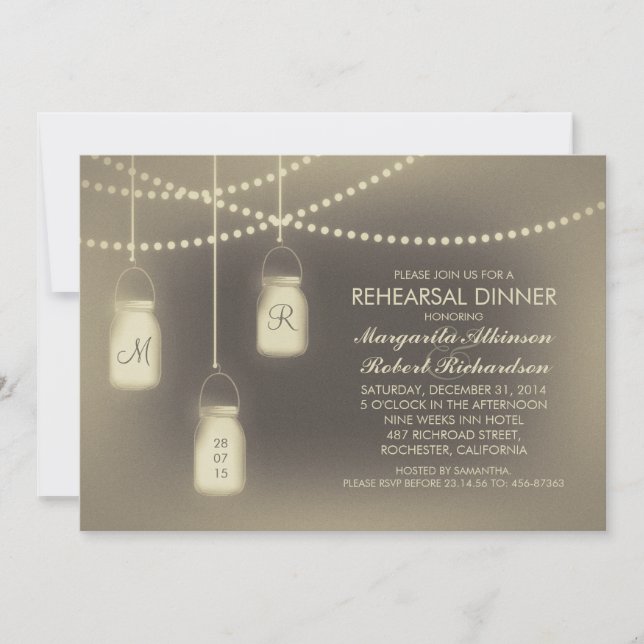 rustic vintage mason jar lights rehearsal dinner invitation (Front)