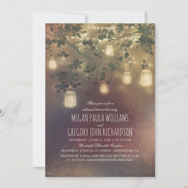 Rustic Vintage Mason Jar Lights Rehearsal Dinner Invitation (Front)