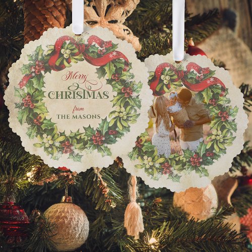 Rustic Vintage Merry Christmas Floral Wreath Photo Ornament Card