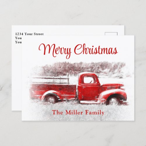  Rustic Vintage Merry Christmas Red Farm Truck Holiday Postcard