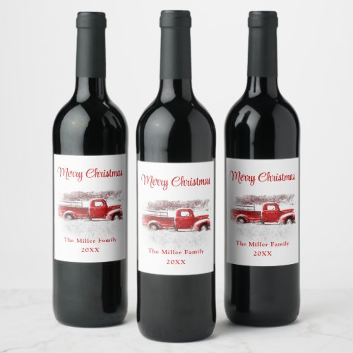 Rustic Vintage Merry Christmas Red White Truck Wine Label