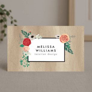 Rustic Vintage Modern Floral Motif Tan Woodgrain Business Card