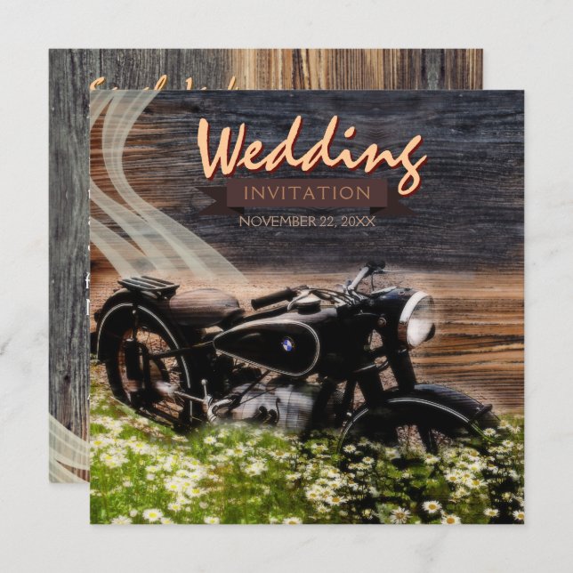 Rustic Vintage Motorbike Wedding Invitations (Front/Back)