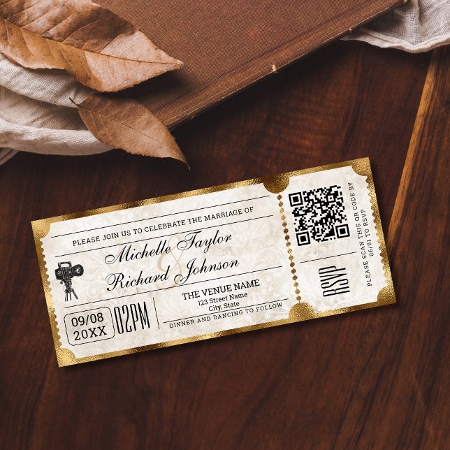 Rustic Vintage Movie Ticket with RSVP QR Code Invitation (vintage gold movie ticket invitation)