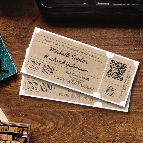 Rustic Vintage Movie Ticket with RSVP QR Code Invitation