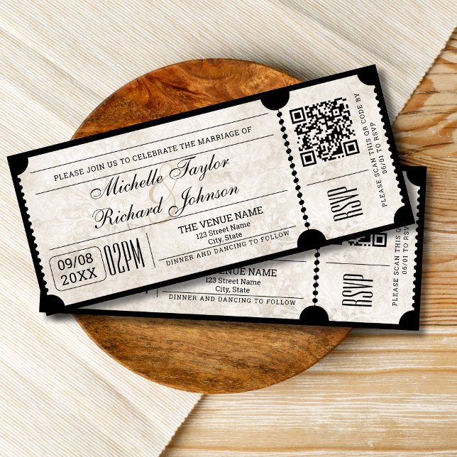 Rustic Vintage Movie Ticket with RSVP QR Code Invitation (vintage damask movie ticket invitation)