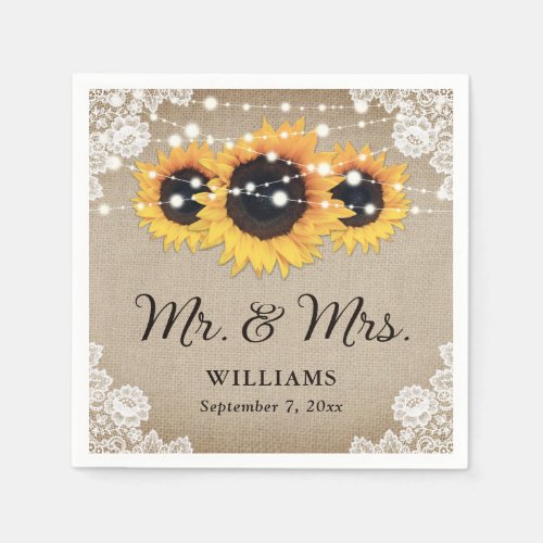 Rustic Vintage Mr and Mrs Sunflower Wedding Napkins