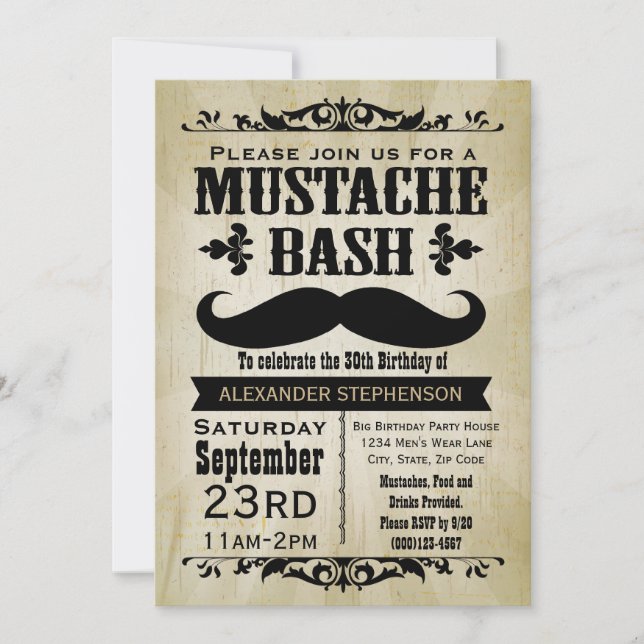 Rustic Vintage Mustache Bash Party Invitation (Front)