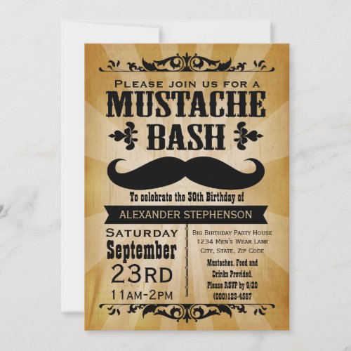 Rustic Vintage Mustache Bash Party Invites