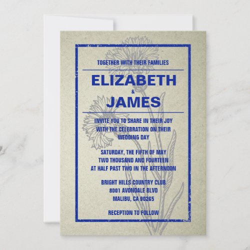 Rustic Vintage Navy Blue Wedding Invitations