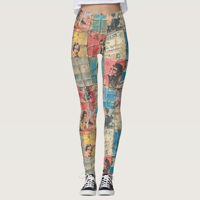 Rustic Vintage Newspaper Patchwork Collage (10) Leggings (Front)