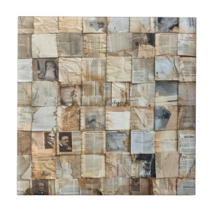 Rustic Vintage Newspaper Patchwork Collage (12) Ceramic Tile