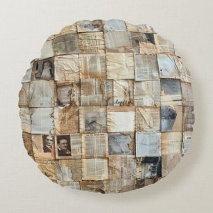 Rustic Vintage Newspaper Patchwork Collage (12) Round Pillow
