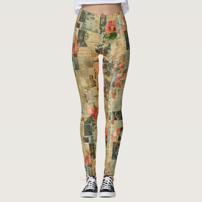 Rustic Vintage Newspaper Patchwork Collage (2) Leggings (Front)