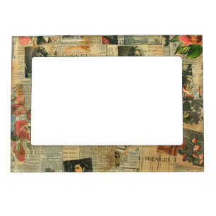 Rustic Vintage Newspaper Patchwork Collage (2) Magnetic Frame