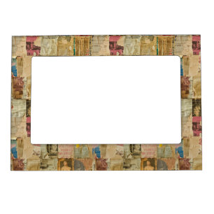 Rustic Vintage Newspaper Patchwork Collage (6) Magnetic Frame