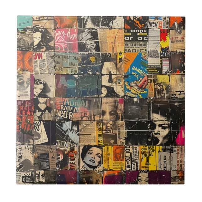 Rustic Vintage Newspaper Patchwork Collage (7) Ceramic Tile (Front)