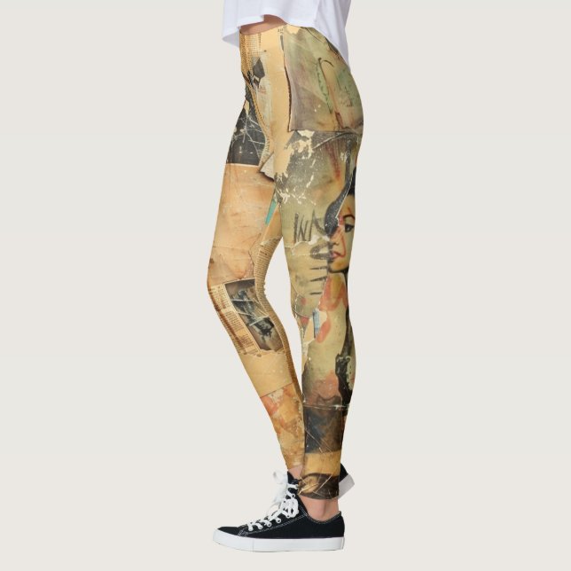 Rustic Vintage Newspaper Patchwork Collage (8) Leggings (Left)