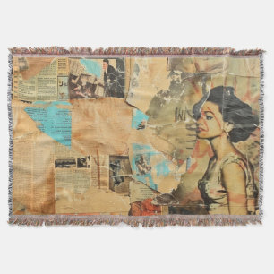 Rustic Vintage Newspaper Patchwork Collage (8) Throw Blanket