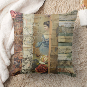 Rustic Vintage Newspaper Patchwork Collage (9) Throw Pillow