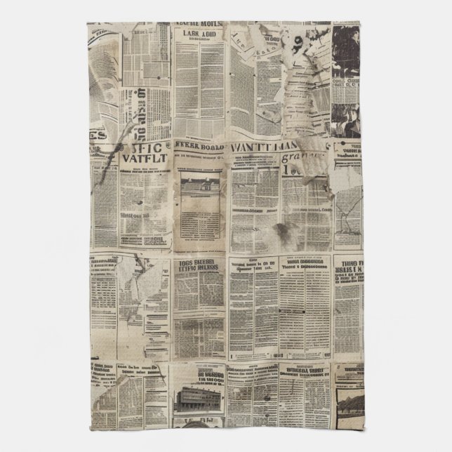 Rustic Vintage Newspaper Patchwork Collage Kitchen Towel (Vertical)