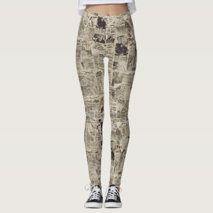 Rustic Vintage Newspaper Patchwork Collage Leggings