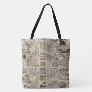 Rustic Vintage Newspaper Patchwork Collage Tote Bag