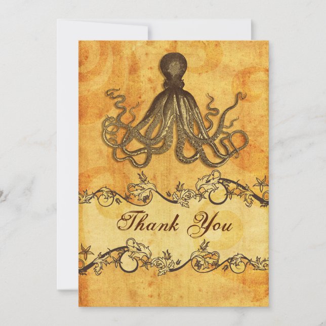 rustic, vintage ,octopus beach thank you invitation (Front)