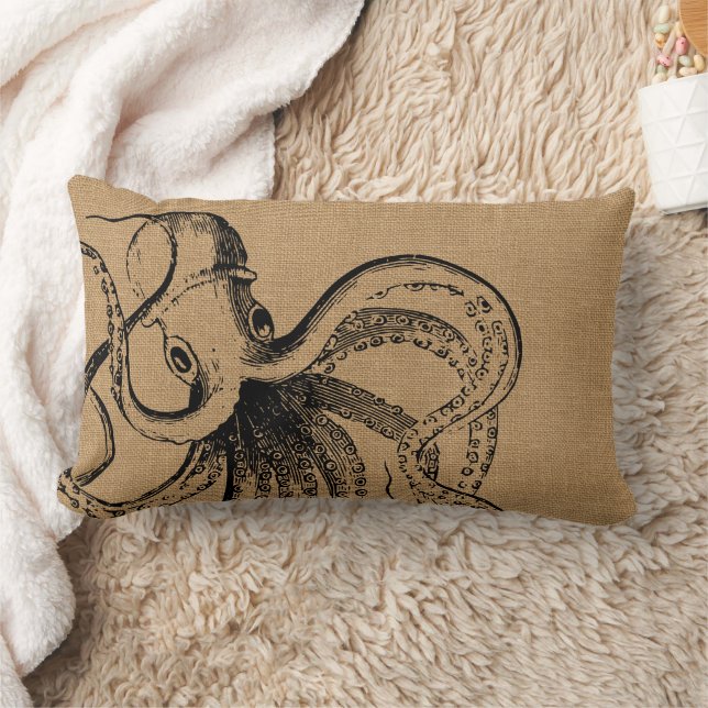 Rustic Vintage Octopus Illustration Lumbar Pillow (Blanket)