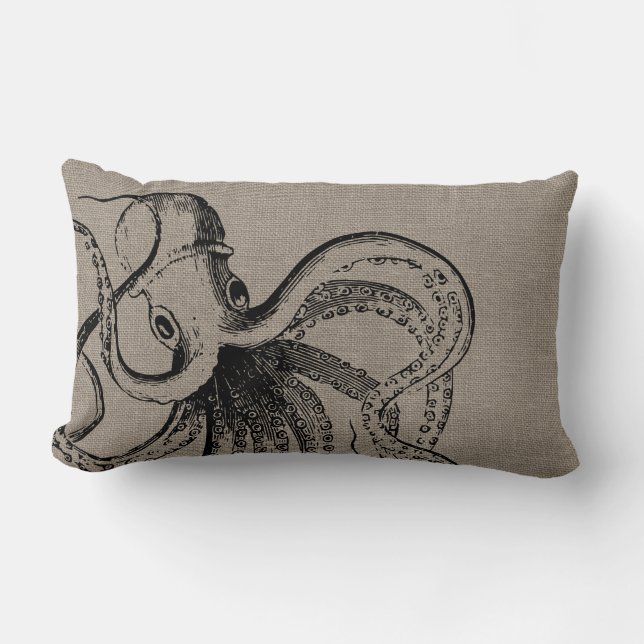 Rustic Vintage Octopus Illustration Lumbar Pillow (Front)