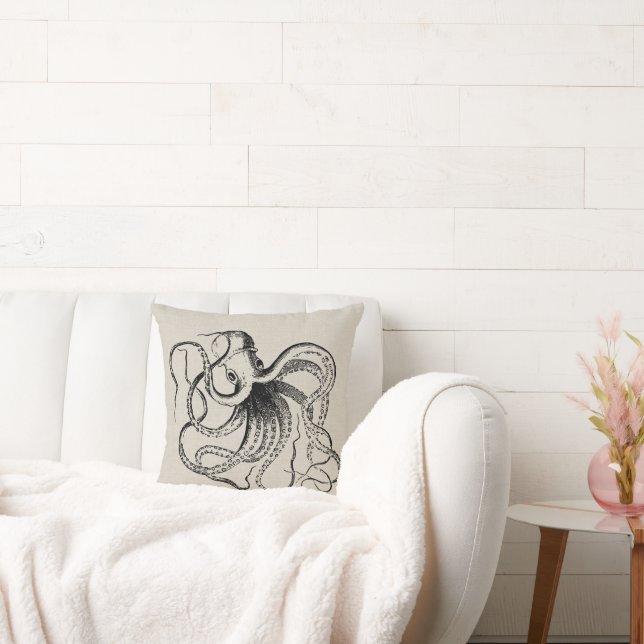 Rustic Vintage Octopus Illustration Throw Pillow (Couch)