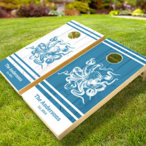 Rustic vintage octopus on white & blue beach wood cornhole set