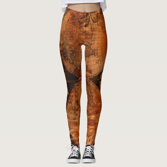 Rustic Vintage Old World Map Leggings (Front)