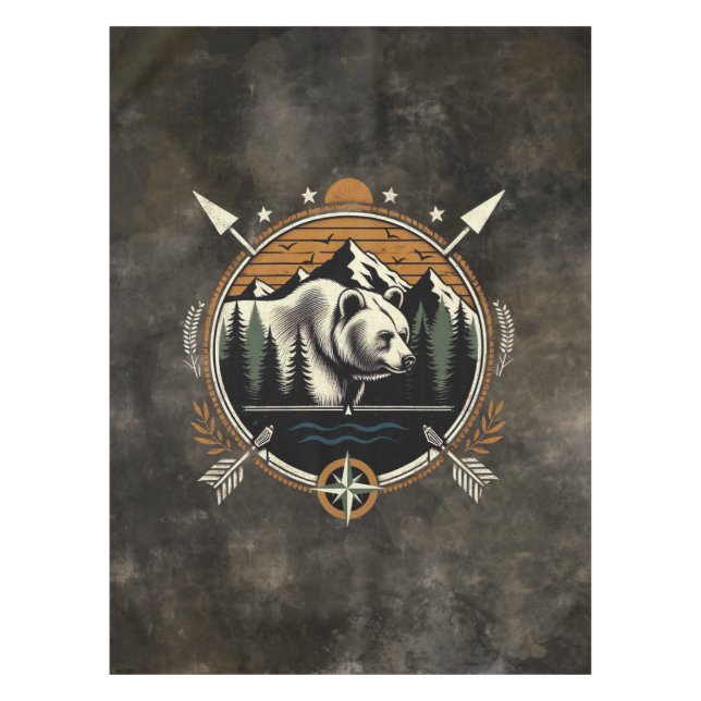 Rustic, vintage outdoorsman bear mountain tablecloth (Front)