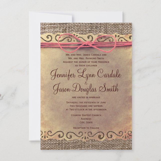 Rustic Vintage Paper Burlap Wedding Invitations (Front)