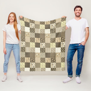 Rustic Vintage Patchwork Beige Brown Quilt Pattern Fleece Blanket