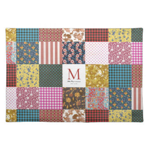 Rustic Vintage Patchwork Quilt Pattern Monogram Cloth Placemat