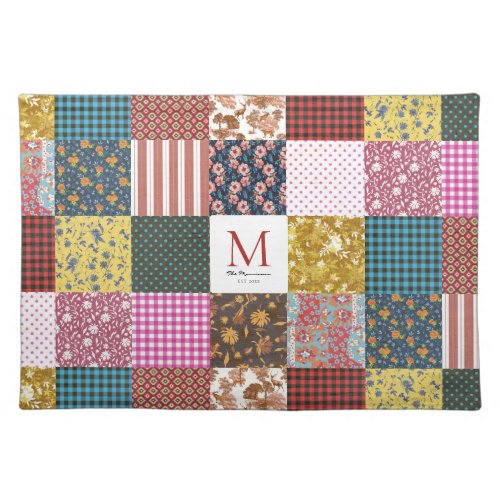 Rustic Vintage Patchwork Quilt Pattern Monogram Cloth Placemat