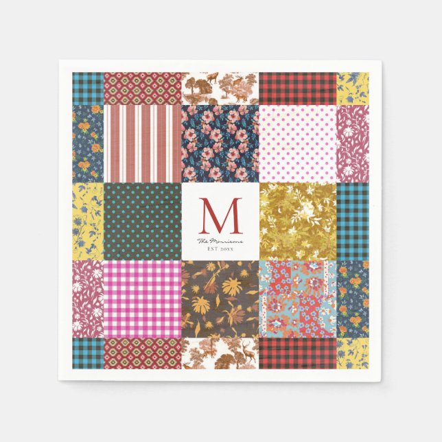 Rustic Vintage Patchwork Quilt Pattern Monogram Napkins (Front)