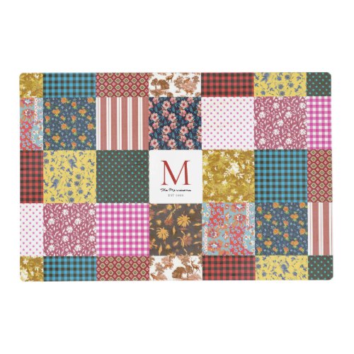 Rustic Vintage Patchwork Quilt Pattern Monogram Placemat