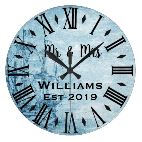 Rustic Vintage  Personalized Blue Ocean Custom Large Clock