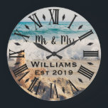 Rustic Vintage  Personalized Blue Ocean Custom Large Clock<br><div class="desc">Beautiful, unique, one-of-a-kind personalized design features a blue ocean background with black personalization his and her names in a script font overlay design and the last name and year established in a bold script. Personalize this clock by adding your personal information. Makes a great wedding, anniversary, or housewarming gift. Click...</div>