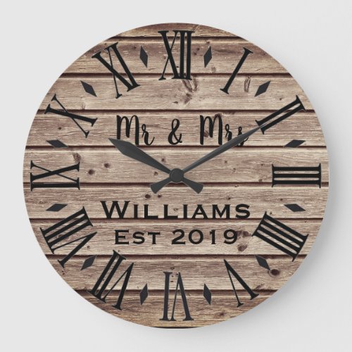 Rustic Vintage  Personalized Brown Wood Custom Lar Large Clock