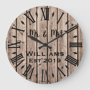 Rustic Vintage Personalized Brown Wood Custom Large Clock