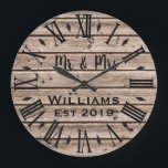 Rustic Vintage  Personalized Brown Wood Custom Large Clock<br><div class="desc">Beautiful, unique, one-of-a-kind personalized design features a faux-rustic brown wood with black personalization his and her names in a script font overlay design and the last name and year established in a bold script with a printed wood effect background. Personalize this clock by adding your personal information. Makes a great...</div>