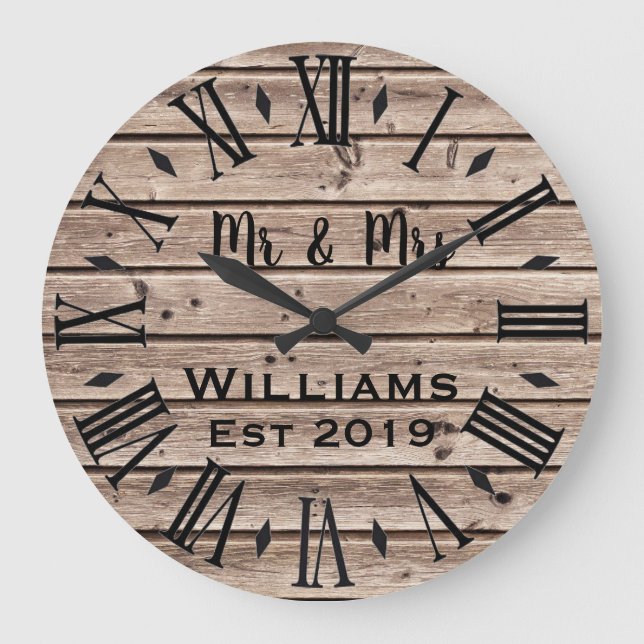 Rustic Vintage  Personalized Brown Wood Custom Large Clock (Front)