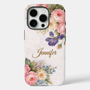 Rustic Vintage Personalized Floral Rose Design     iPhone 16 Pro Case