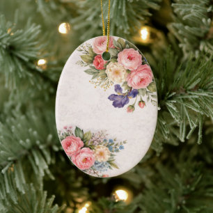 Rustic Vintage Personalized Floral Rose Design Ceramic Ornament