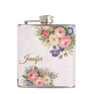 Rustic Vintage Personalized Floral Rose Design Flask
