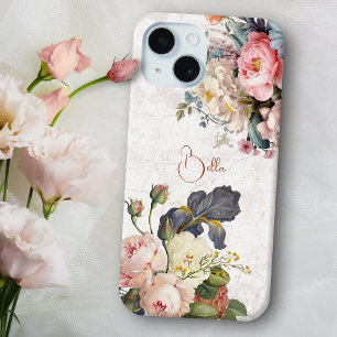 Rustic Vintage Personalized Roses & Iris iPhone 15 Case